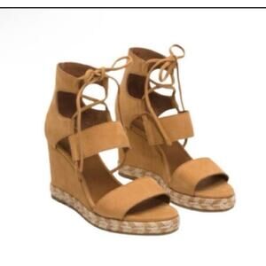 SZ 7 FRYE Roberta Gillie Wedge Sandals Brown Leather Lace Up Espadrille